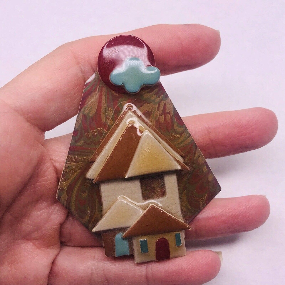 House Pins By Lucinda Brooch Home Handmade Resin Brown Red Blue